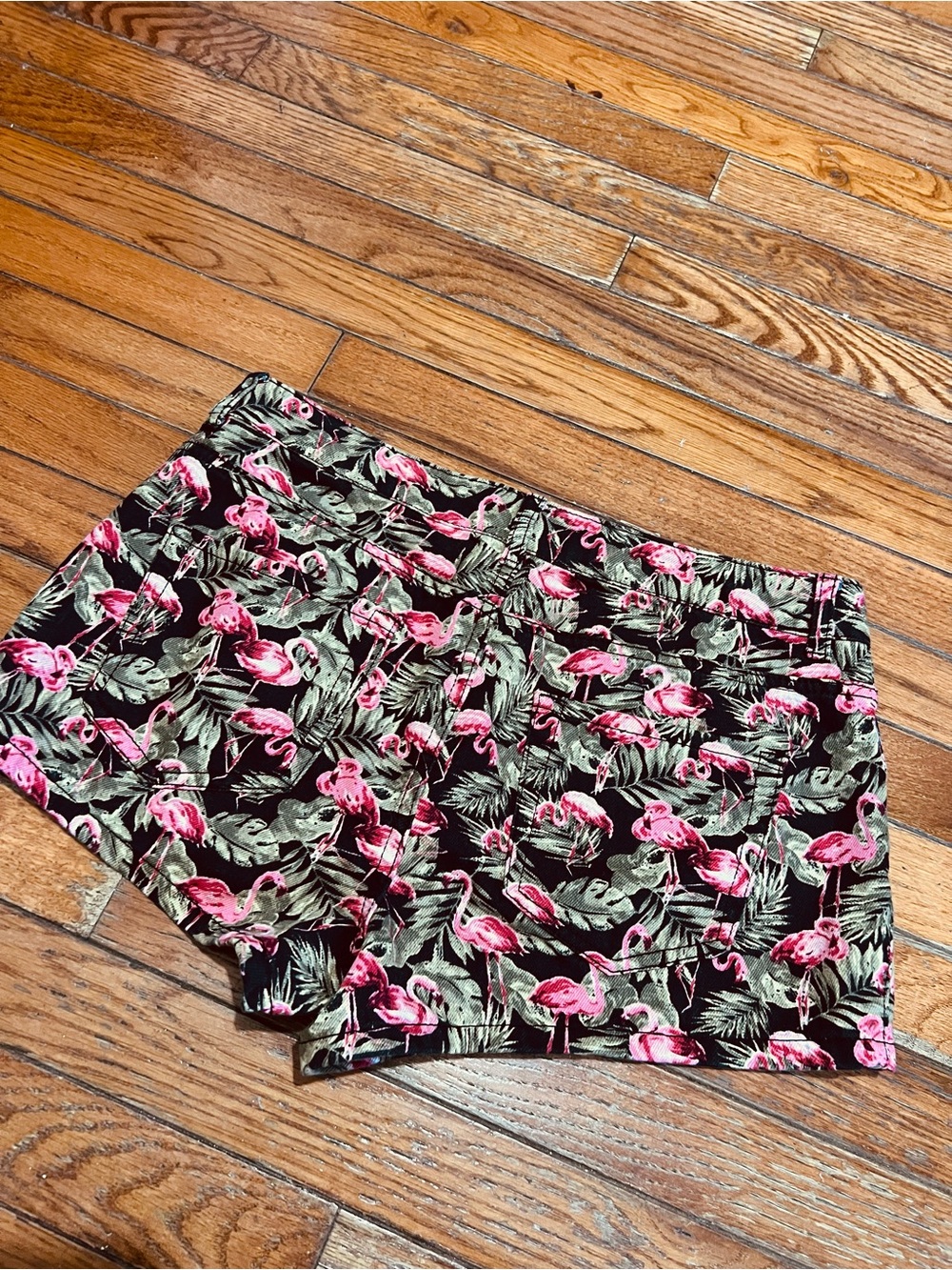 Forever 21 Black Flamingo Print Jean Shorts with Pink & Green Accent size 30 wom